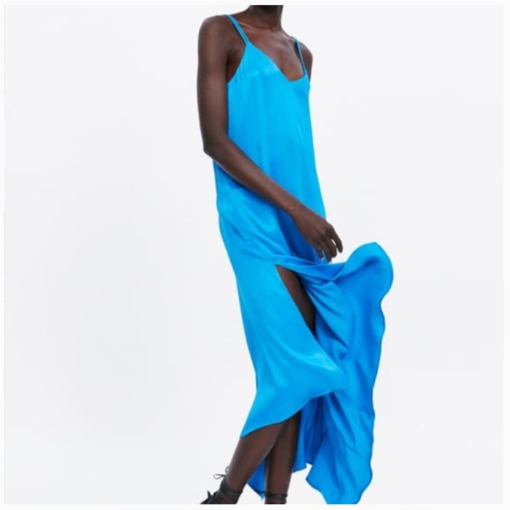 COPY - NWT Zara Strappy Asymmetrical Satin Blue Dress
